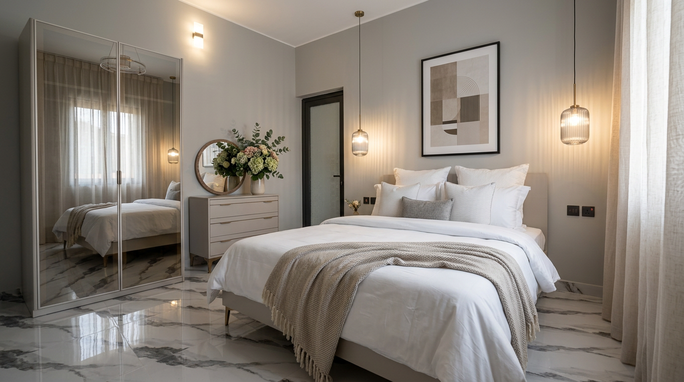 Designer bedroom with pendant lighting