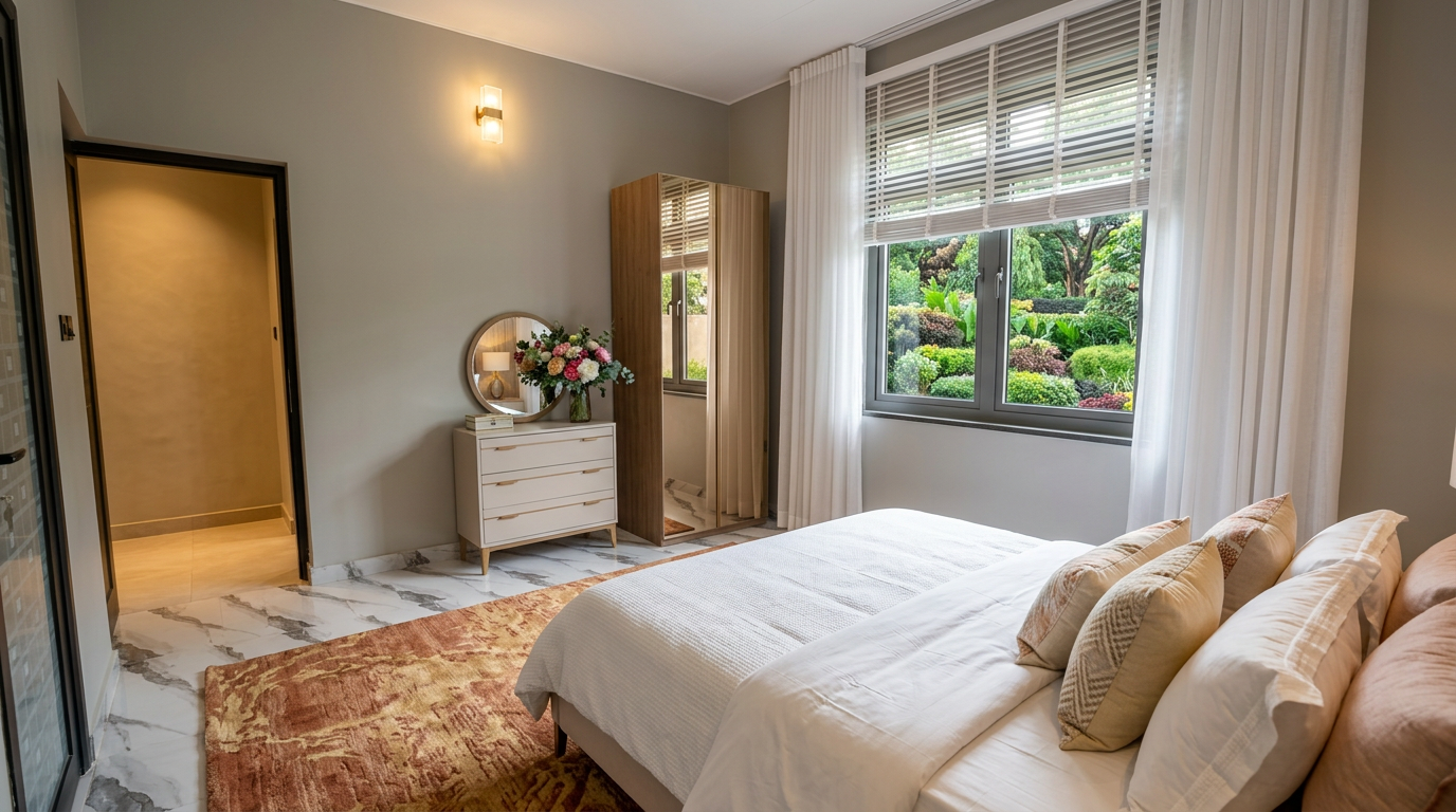 Bedroom overlooking lush gardens