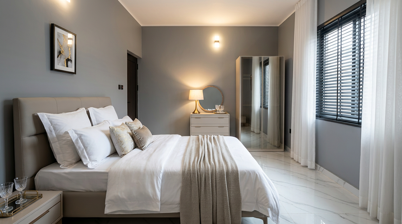 Elegant guest bedroom with blinds and curtains