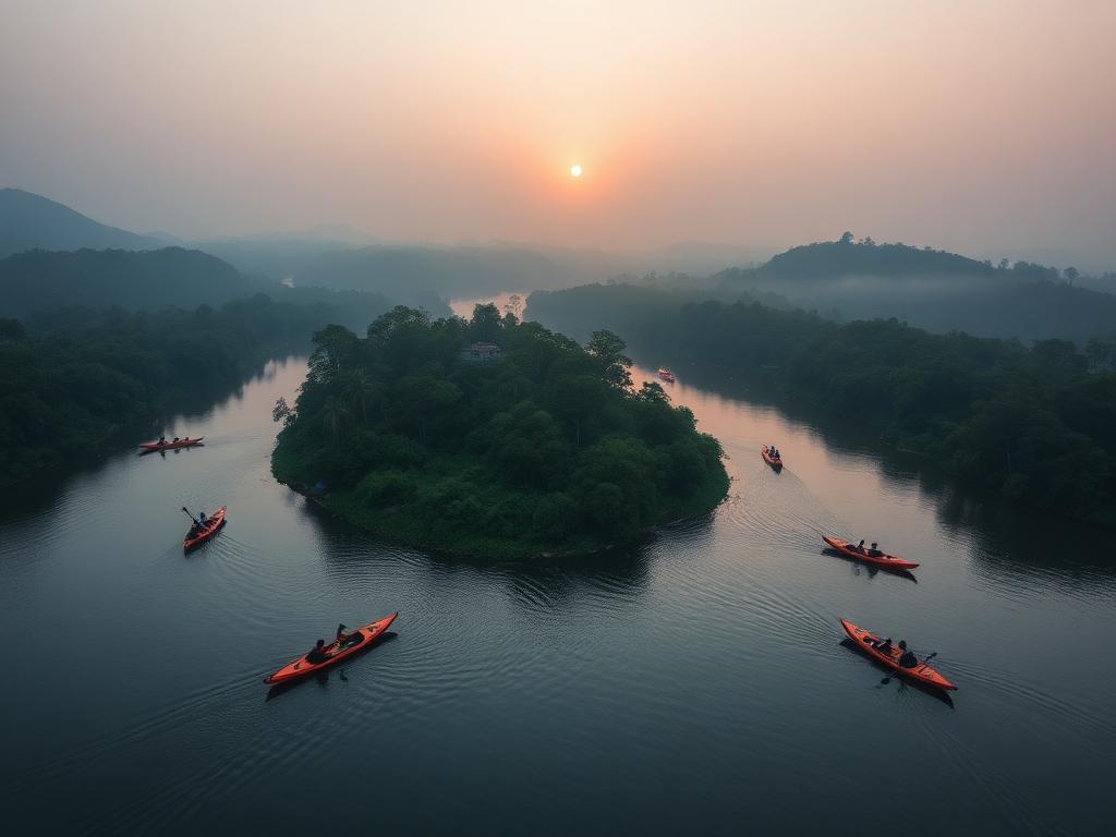 Kayakers around Trident Island on the Volta River at dawn